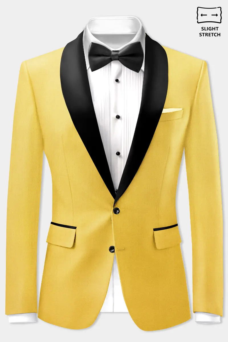 Saffron Elegance-Lemon Yellow Solid Wool Rich Tuxedo Slight Stretch Blazer 2