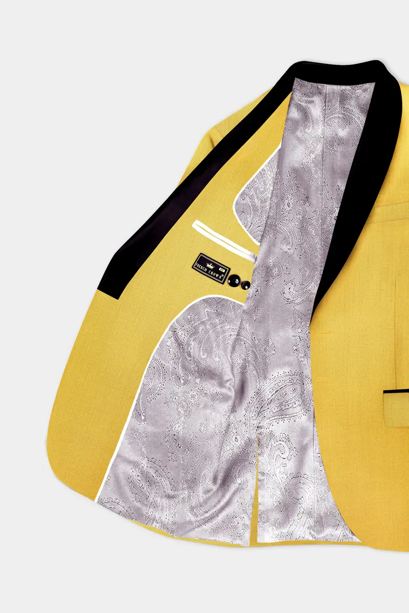 Saffron Elegance-Lemon Yellow Solid Wool Rich Tuxedo Slight Stretch Blazer 4