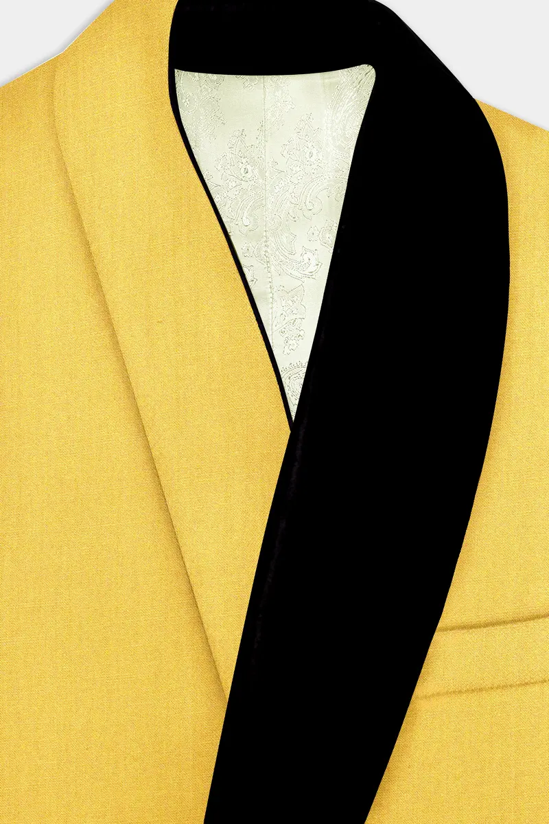 Saffron Elegance-Lemon Yellow Solid Wool Rich Tuxedo Slight Stretch Blazer 5