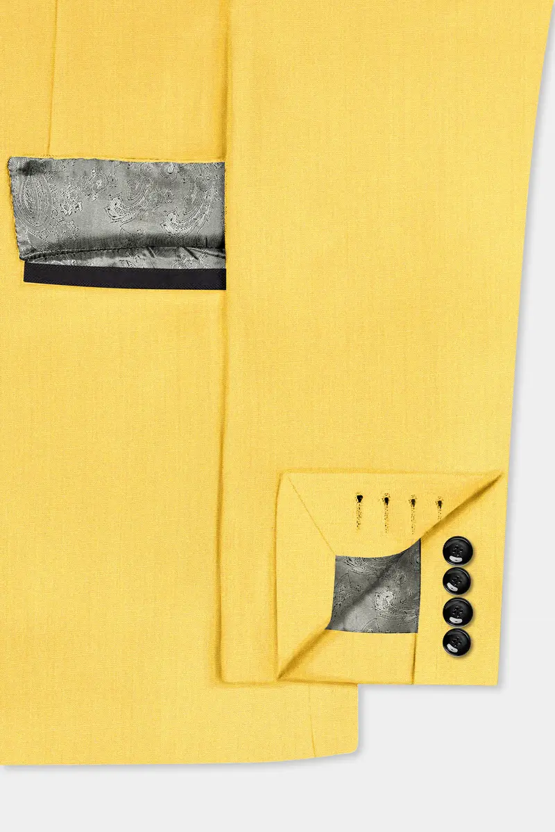 Saffron Elegance-Lemon Yellow Solid Wool Rich Tuxedo Slight Stretch Blazer 6