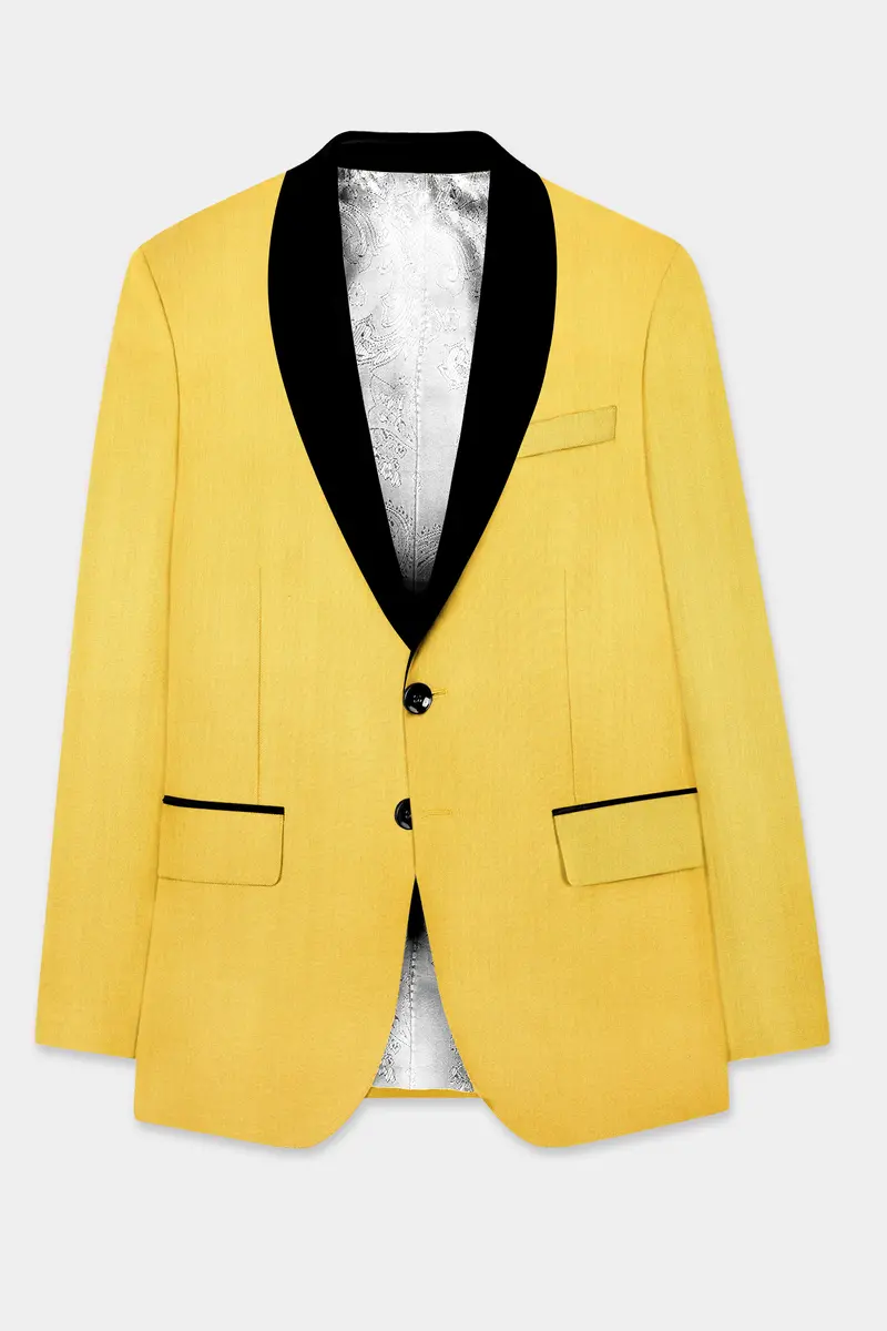 Saffron Elegance-Lemon Yellow Solid Wool Rich Tuxedo Slight Stretch Blazer 7