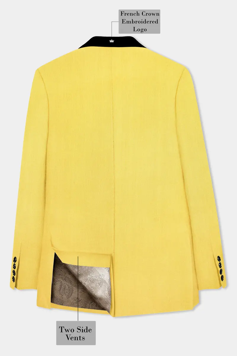 Saffron Elegance-Lemon Yellow Solid Wool Rich Tuxedo Slight Stretch Blazer 8