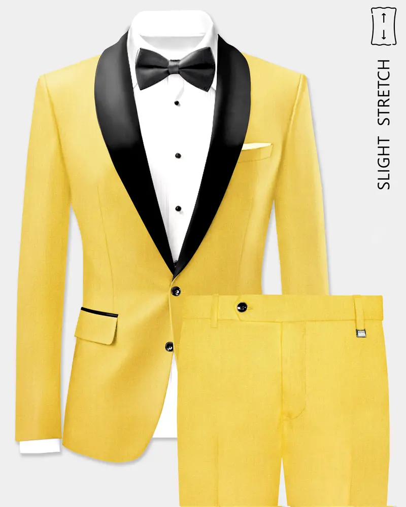 Saffron Elegance-Lemon Yellow Solid Wool Rich Tuxedo Slight Stretch Suit 1