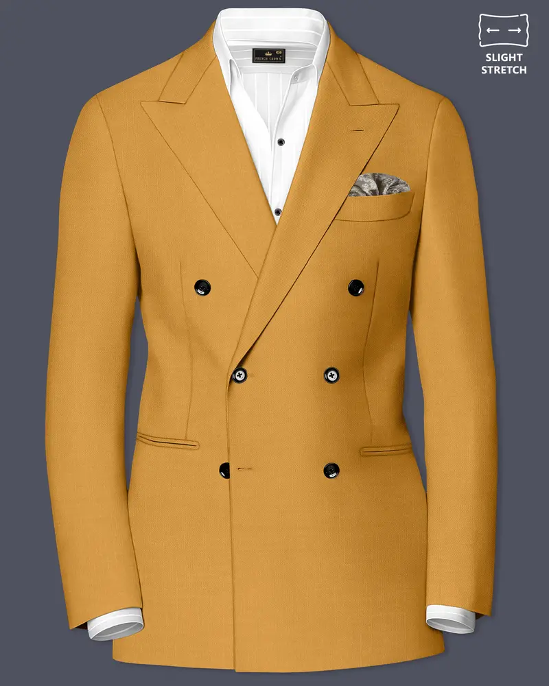 Saffron-Harvest Yellow Solid Wool Rich Double Breasted Slight Stretch Blazer 1
