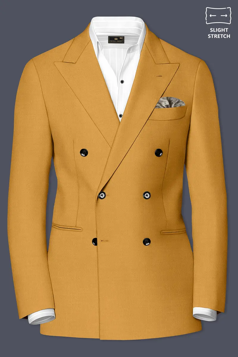 Saffron-Harvest Yellow Solid Wool Rich Double Breasted Slight Stretch Blazer 2