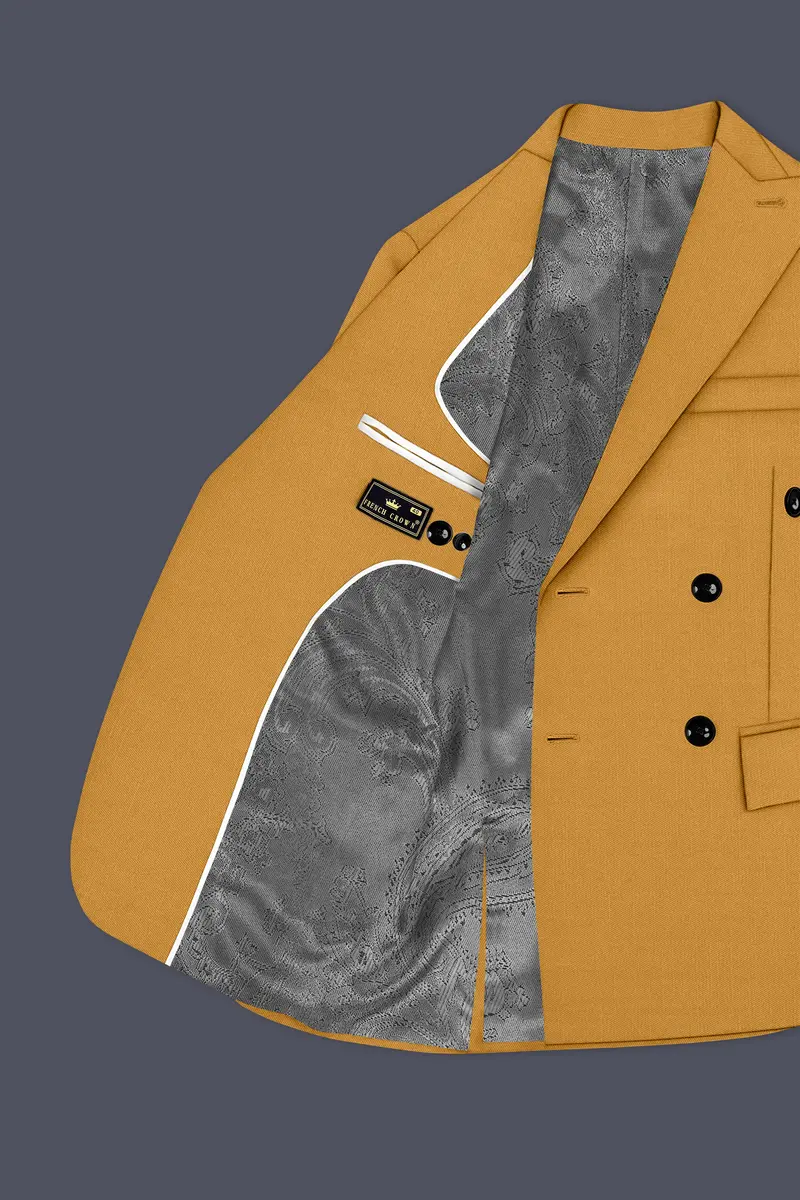 Saffron-Harvest Yellow Solid Wool Rich Double Breasted Slight Stretch Blazer 5