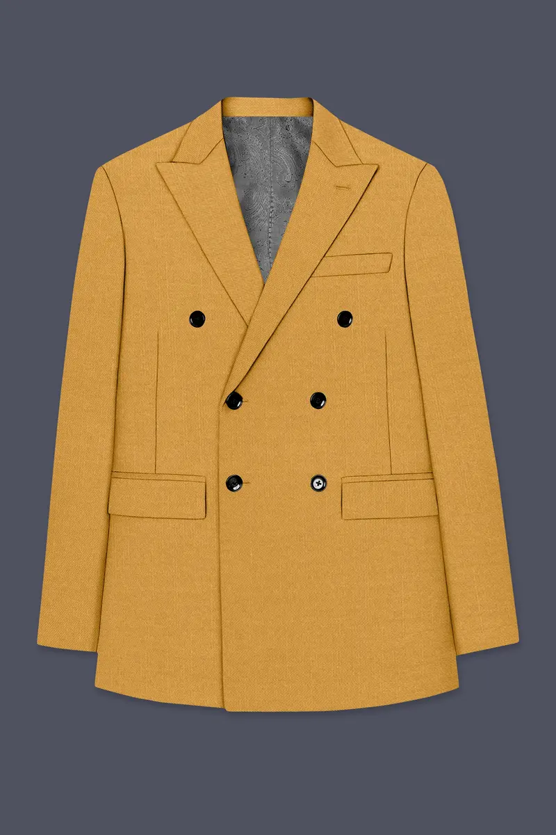 Saffron-Harvest Yellow Solid Wool Rich Double Breasted Slight Stretch Blazer 7