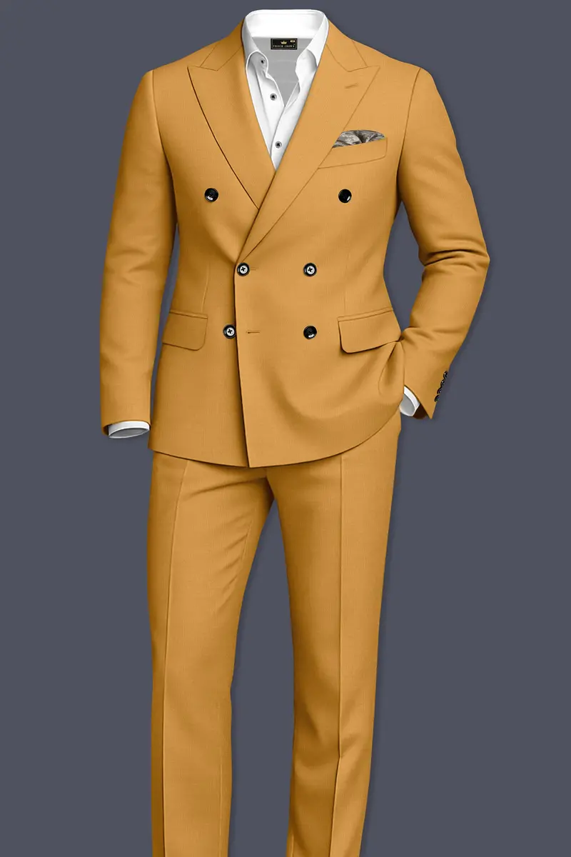 Saffron-Harvest Yellow Solid Wool Rich Double Breasted Slight Stretch Blazer 9