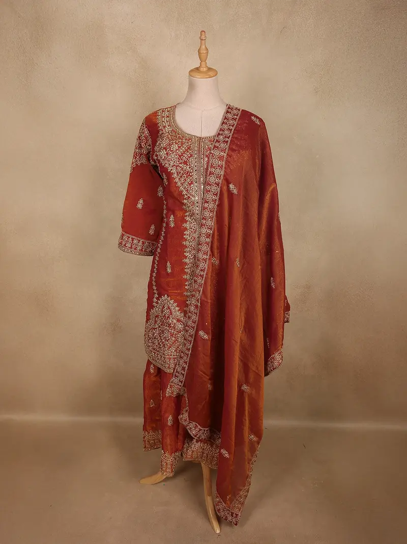 Saffron Rust Orange Floral Zari And Mirror Embroidered Design Tissue Organza Palazzo Suit With Dupatta 1