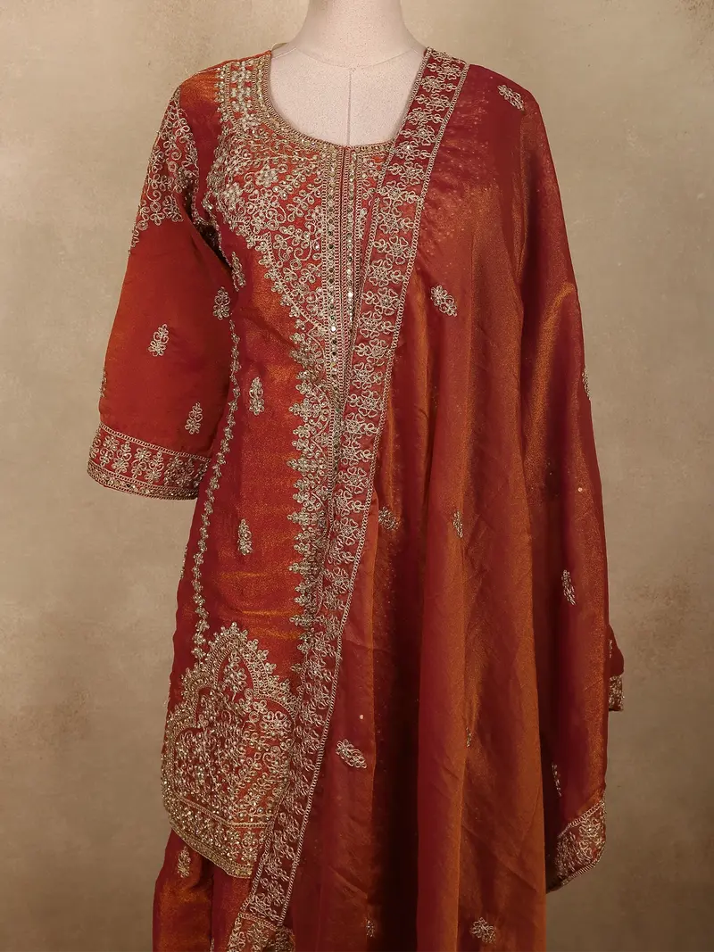 Saffron Rust Orange Floral Zari And Mirror Embroidered Design Tissue Organza Palazzo Suit With Dupatta 2