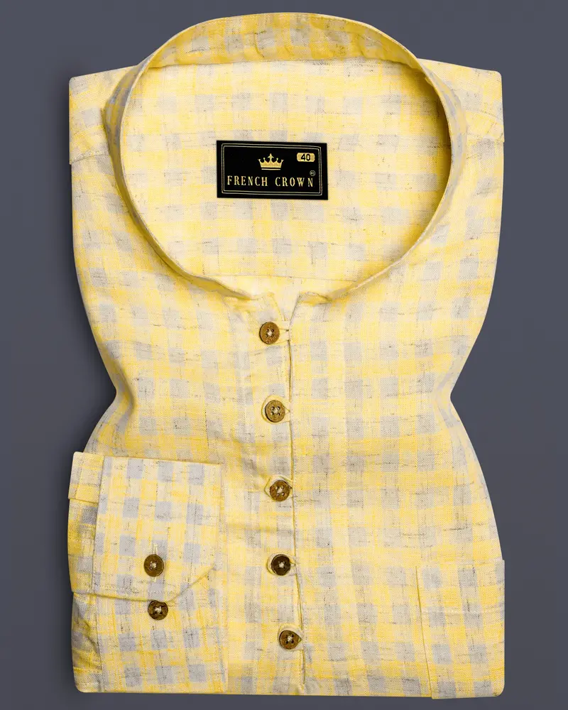 Saffronloom -Sandwisp Yellow Gingham Plaid Luxurious Linen Casual Kurta Shirt 1