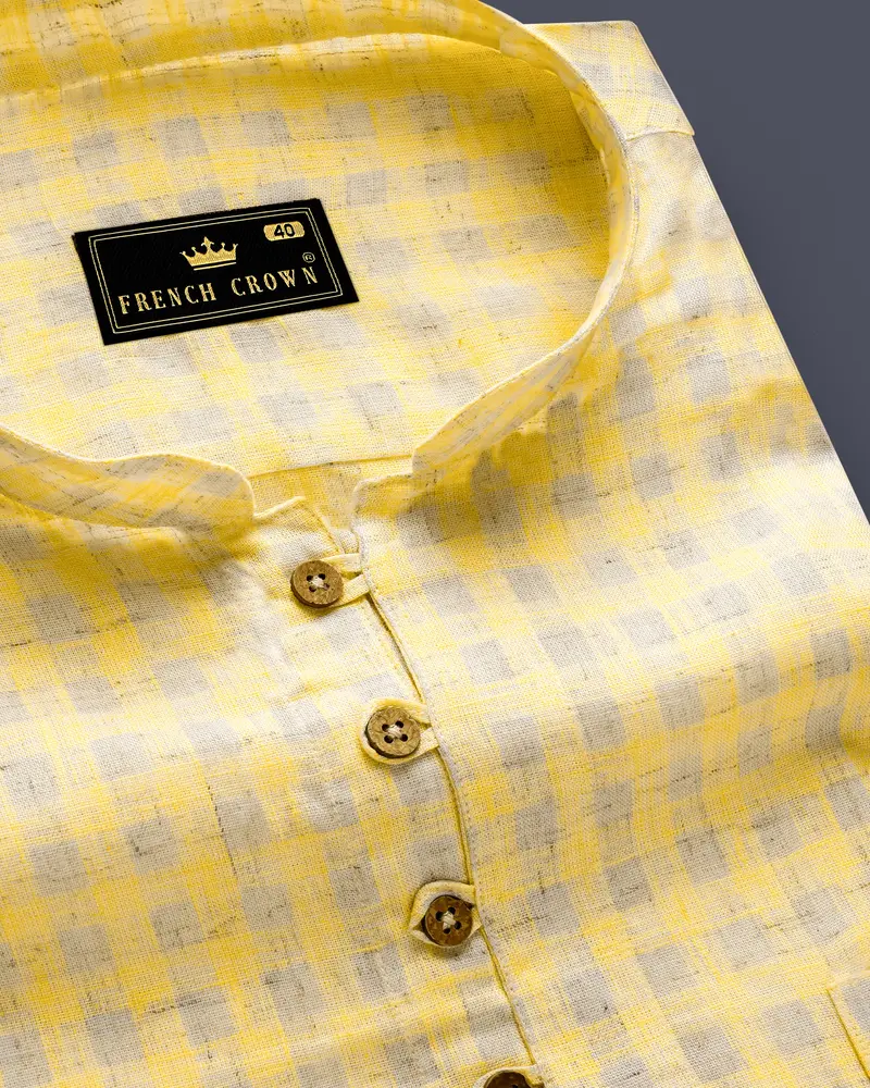 Saffronloom -Sandwisp Yellow Gingham Plaid Luxurious Linen Casual Kurta Shirt 10