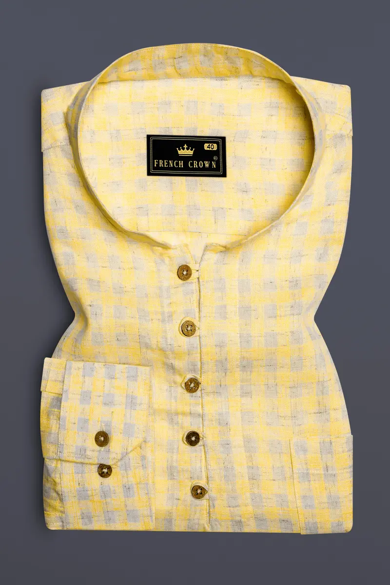 Saffronloom -Sandwisp Yellow Gingham Plaid Luxurious Linen Casual Kurta Shirt 2
