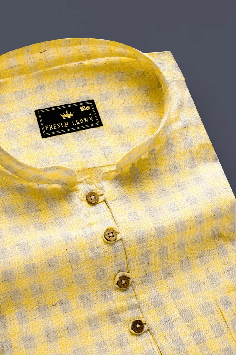 Saffronloom -Sandwisp Yellow Gingham Plaid Luxurious Linen Casual Kurta Shirt 4