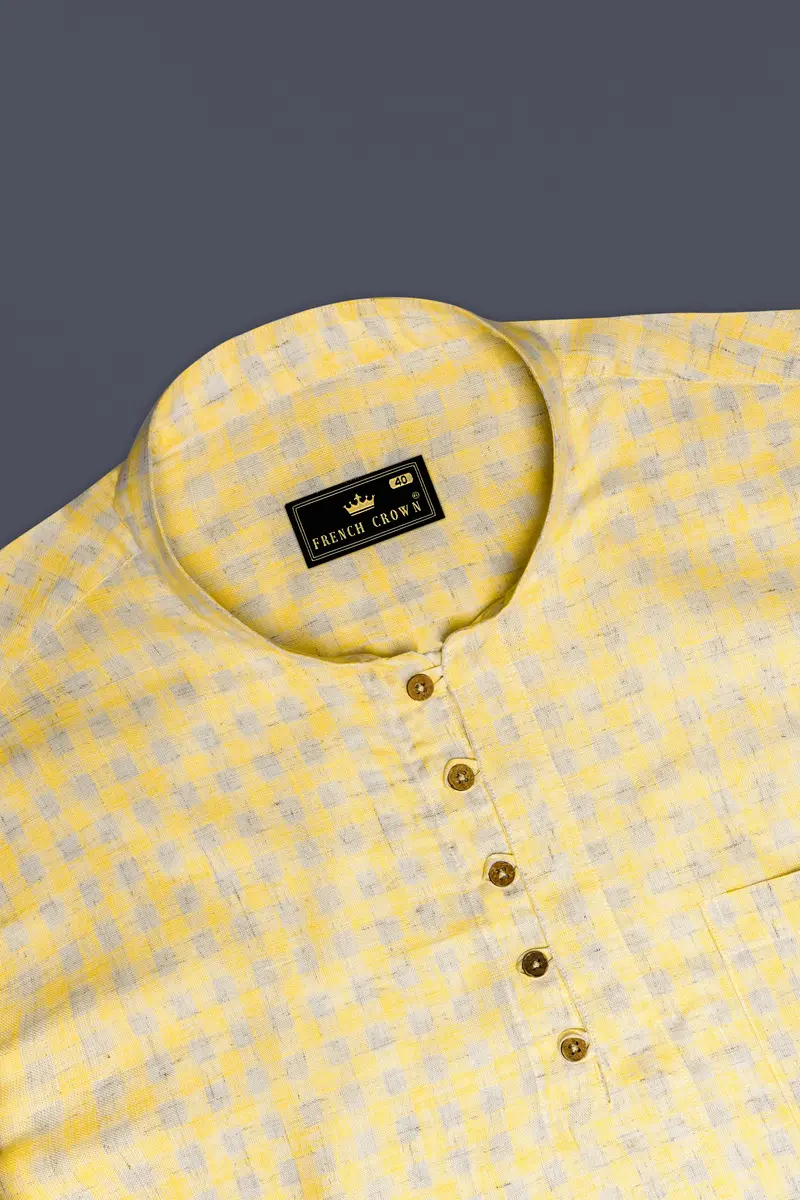 Saffronloom -Sandwisp Yellow Gingham Plaid Luxurious Linen Casual Kurta Shirt 5