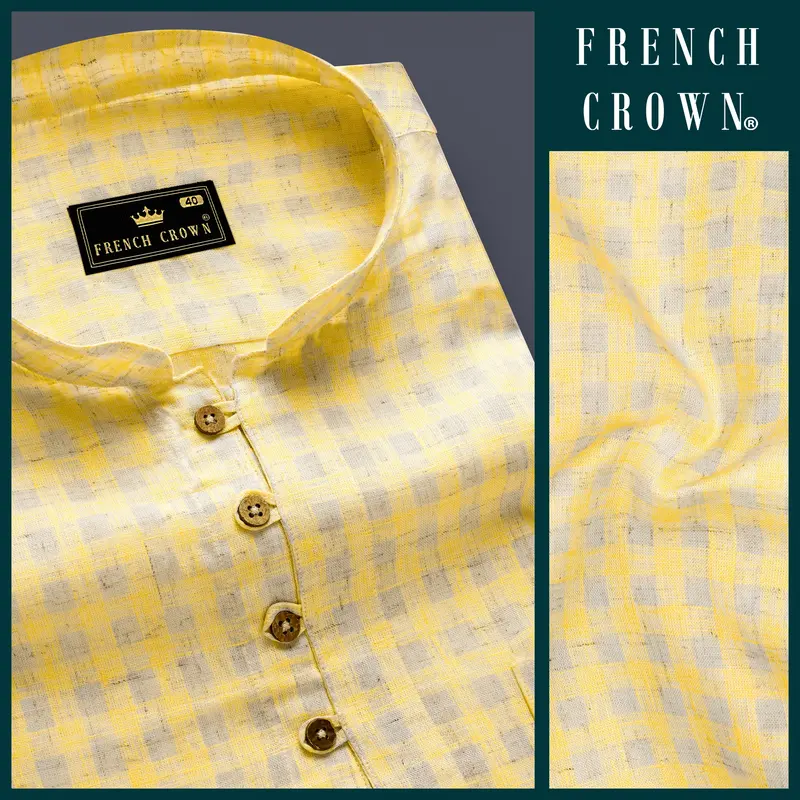 Saffronloom -Sandwisp Yellow Gingham Plaid Luxurious Linen Casual Kurta Shirt 7