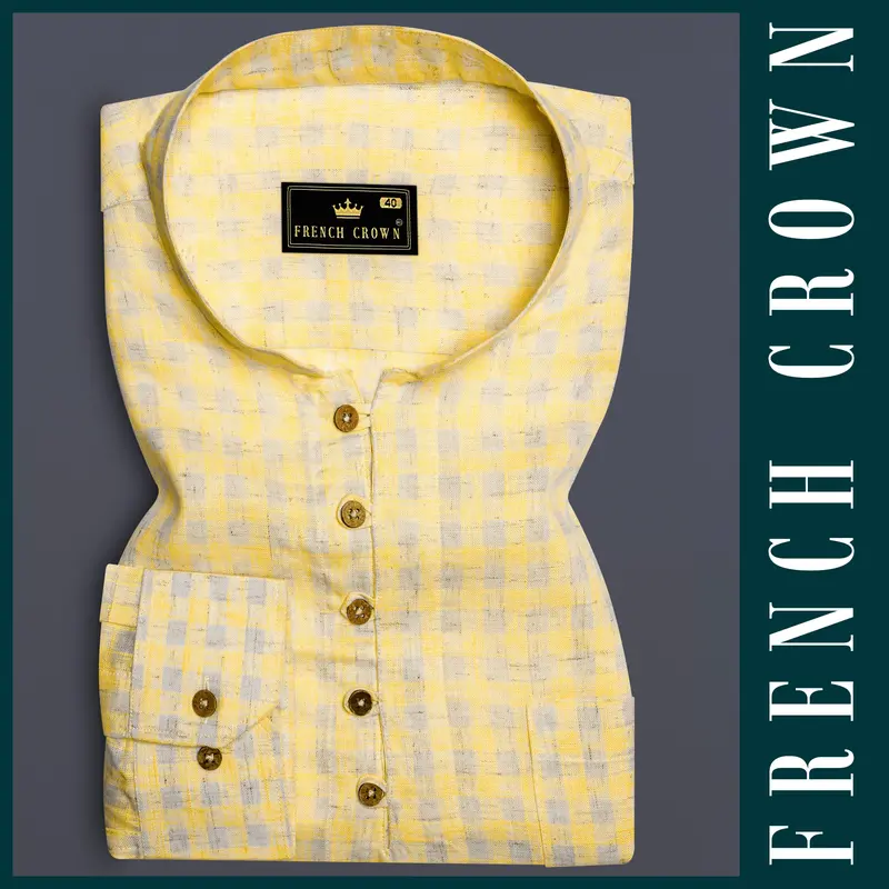 Saffronloom -Sandwisp Yellow Gingham Plaid Luxurious Linen Casual Kurta Shirt 9
