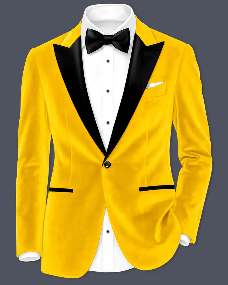 Safvell-Mustard Yellow Velvet Peak Lapel Tuxedo Blazer 1