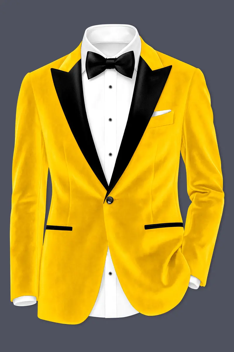 Safvell-Mustard Yellow Velvet Peak Lapel Tuxedo Blazer 2
