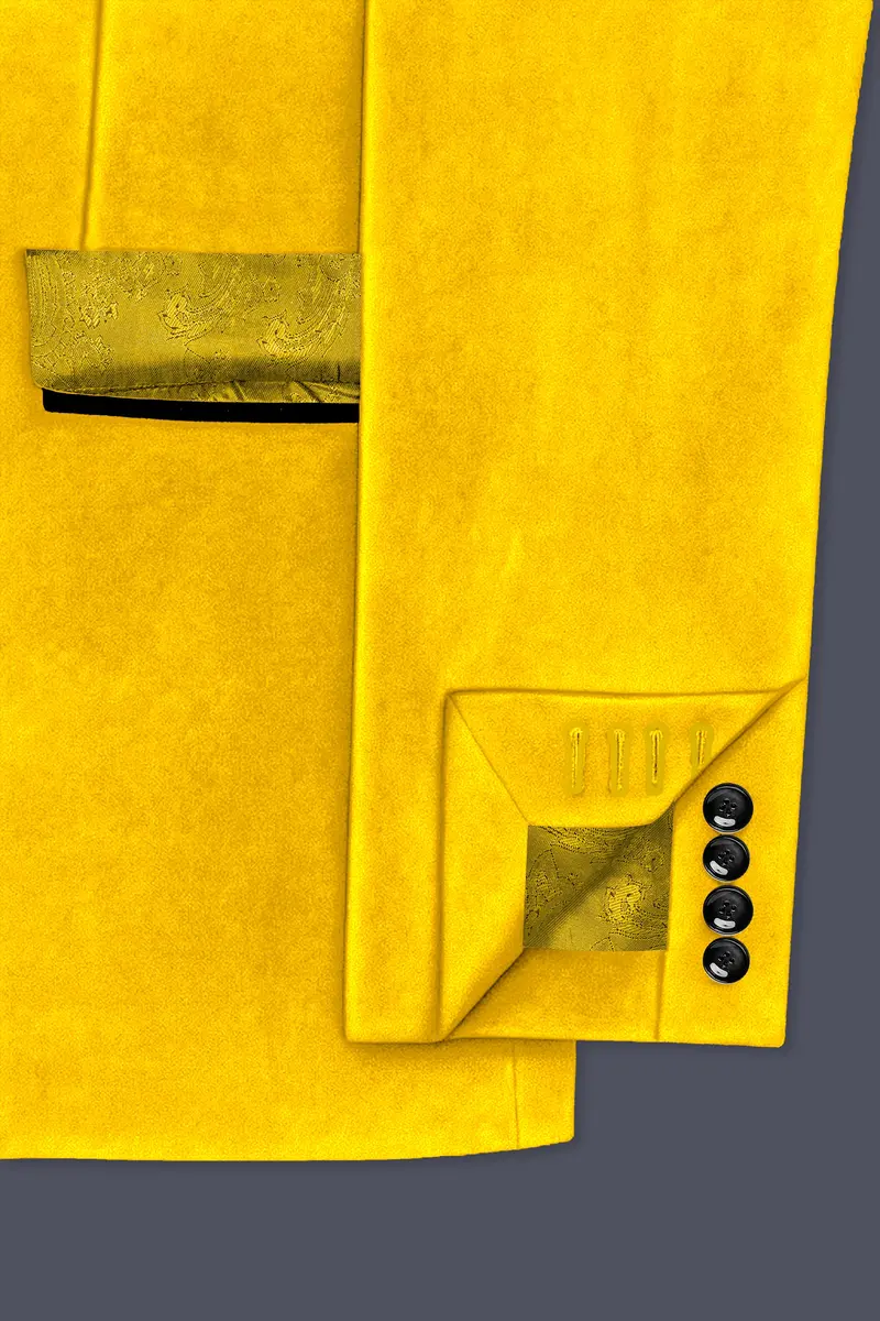 Safvell-Mustard Yellow Velvet Peak Lapel Tuxedo Blazer 6