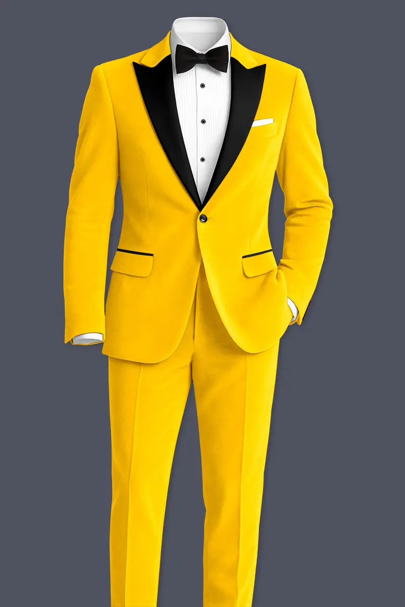 Safvell-Mustard Yellow Velvet Peak Lapel Tuxedo Blazer 9