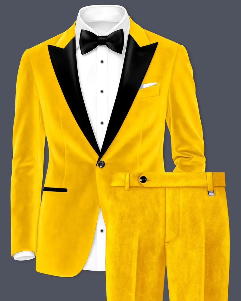 Safvell-Mustard Yellow Velvet Peak Lapel Tuxedo Suit 1