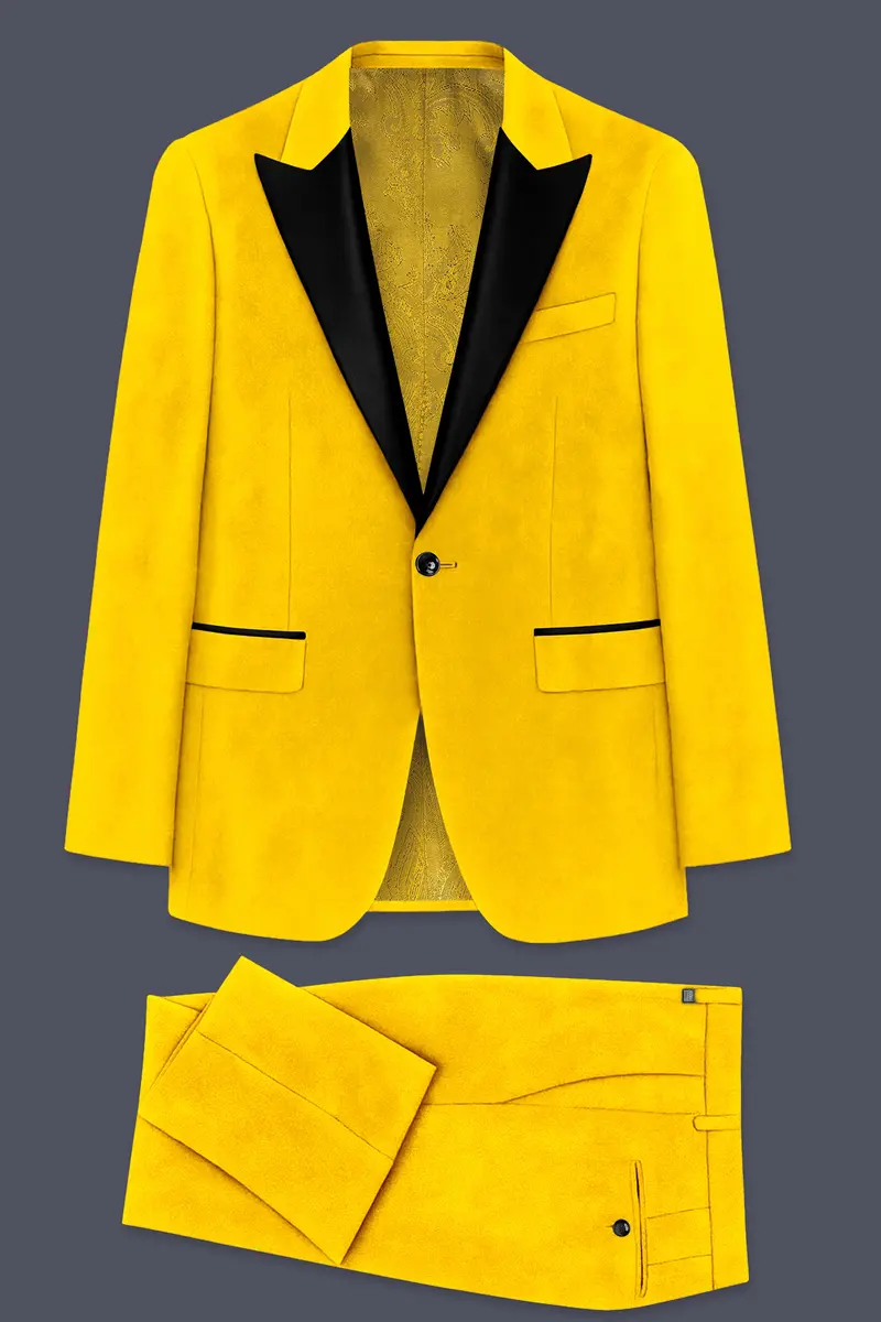 Safvell-Mustard Yellow Velvet Peak Lapel Tuxedo Suit 11