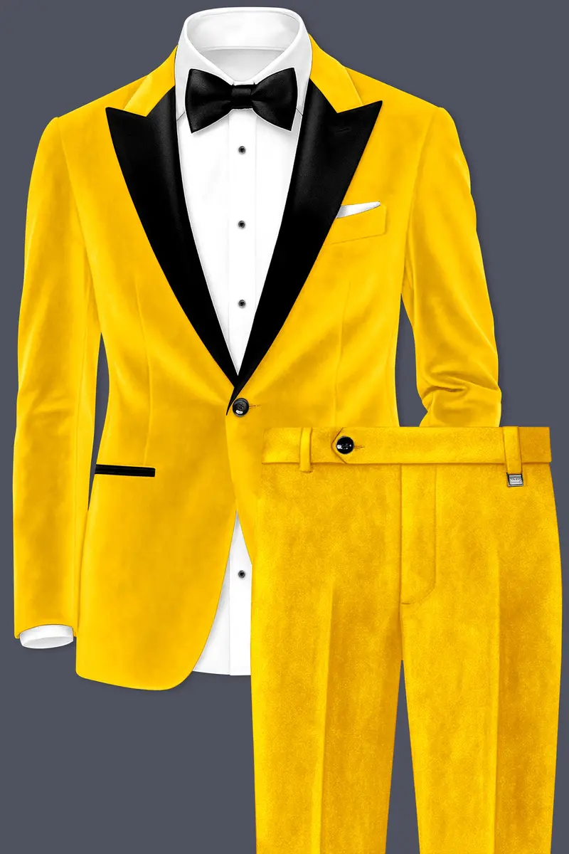 Safvell-Mustard Yellow Velvet Peak Lapel Tuxedo Suit 2