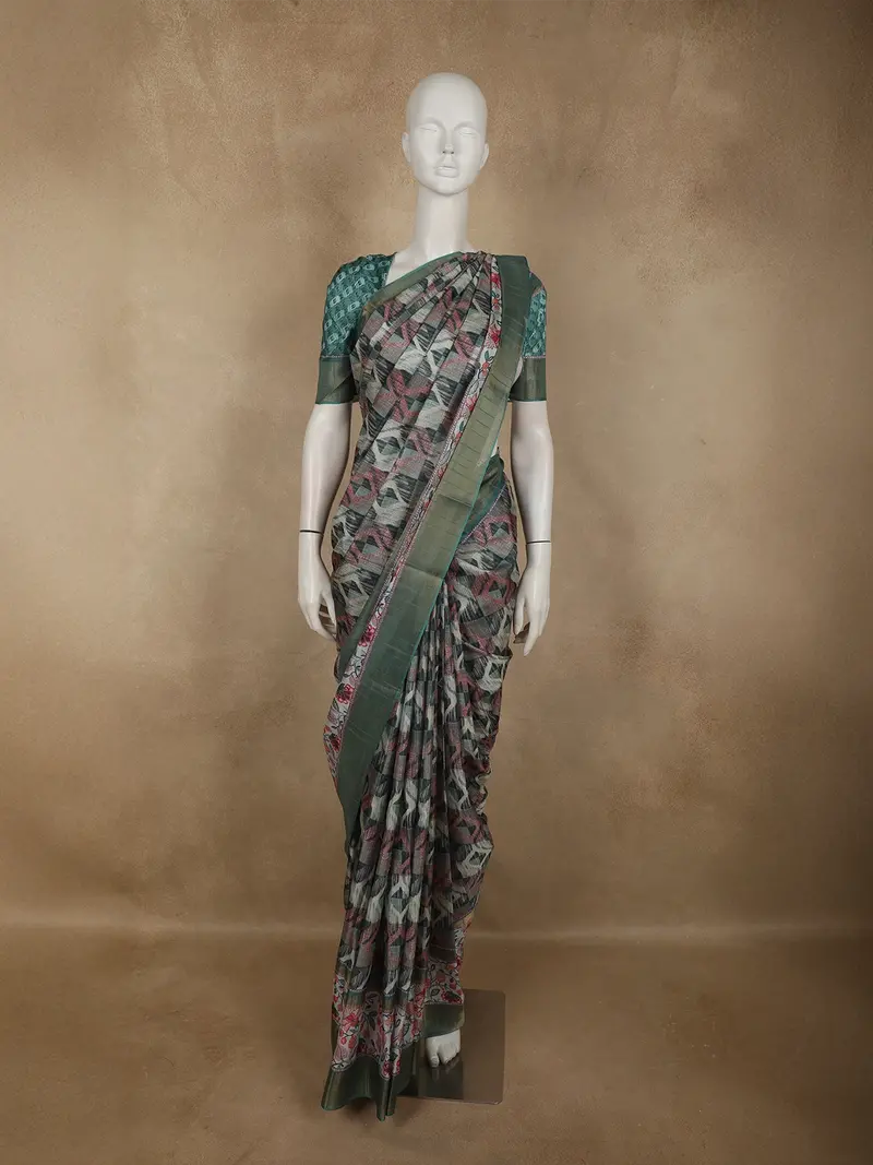 Sage Green Abstract Printed Design Semi Tussar Saree 1