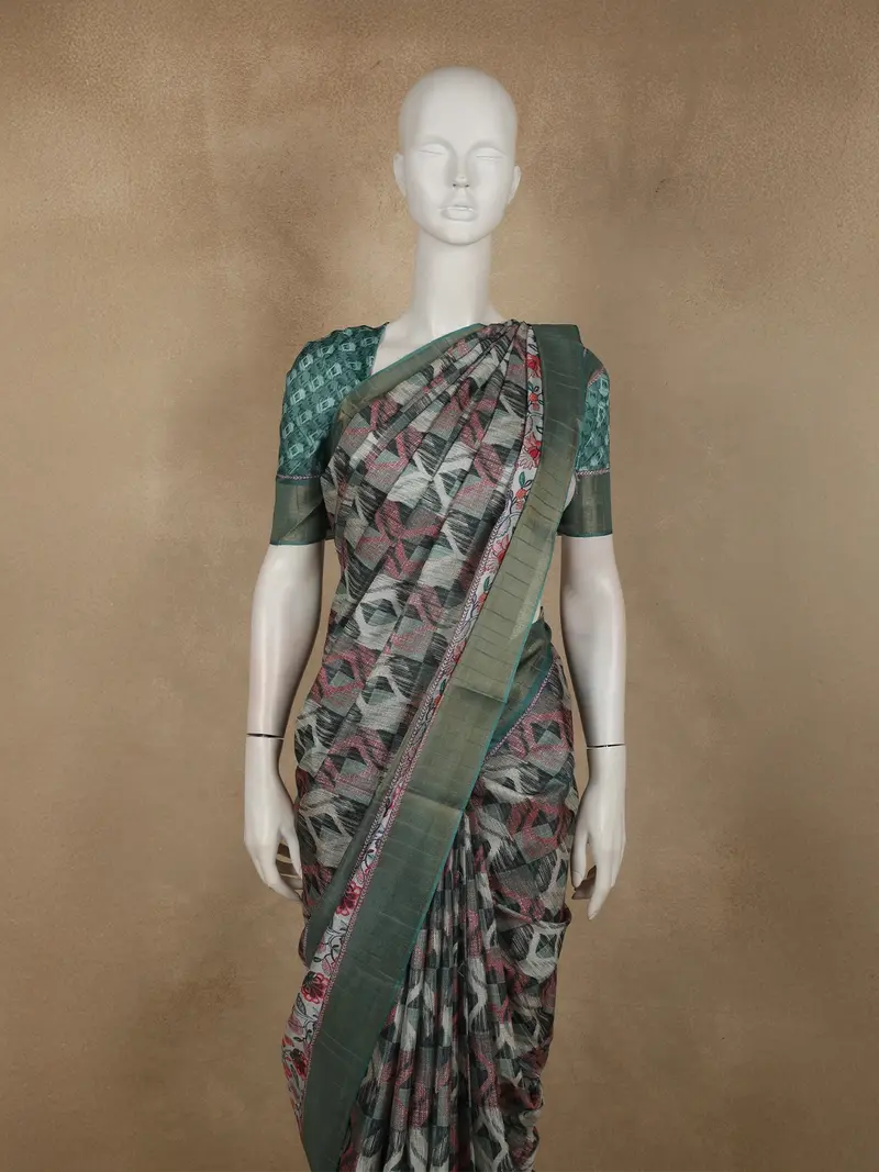 Sage Green Abstract Printed Design Semi Tussar Saree 2