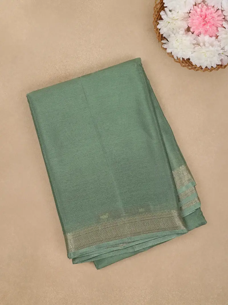 Sage Green Antique Gold Zari Border Mysore Silk Saree 1
