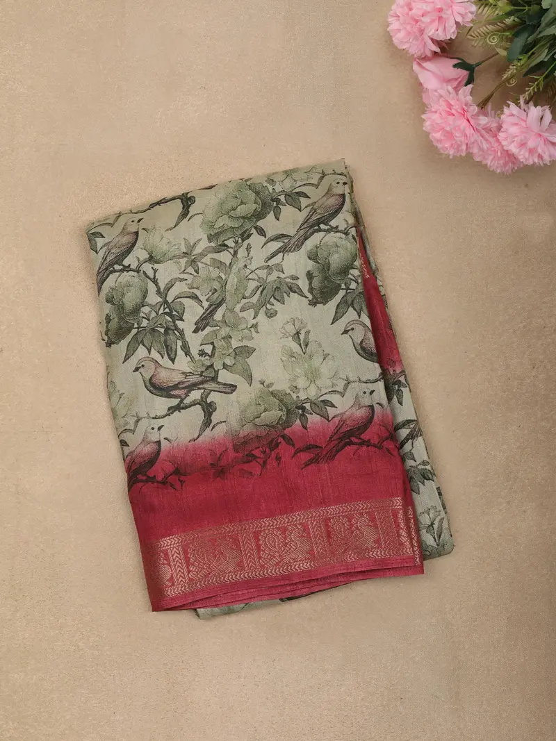 Sage Green Bird And Floral Garden Printed Design Mixed Cotton Saree With Ornamental Zari Woven Border 1