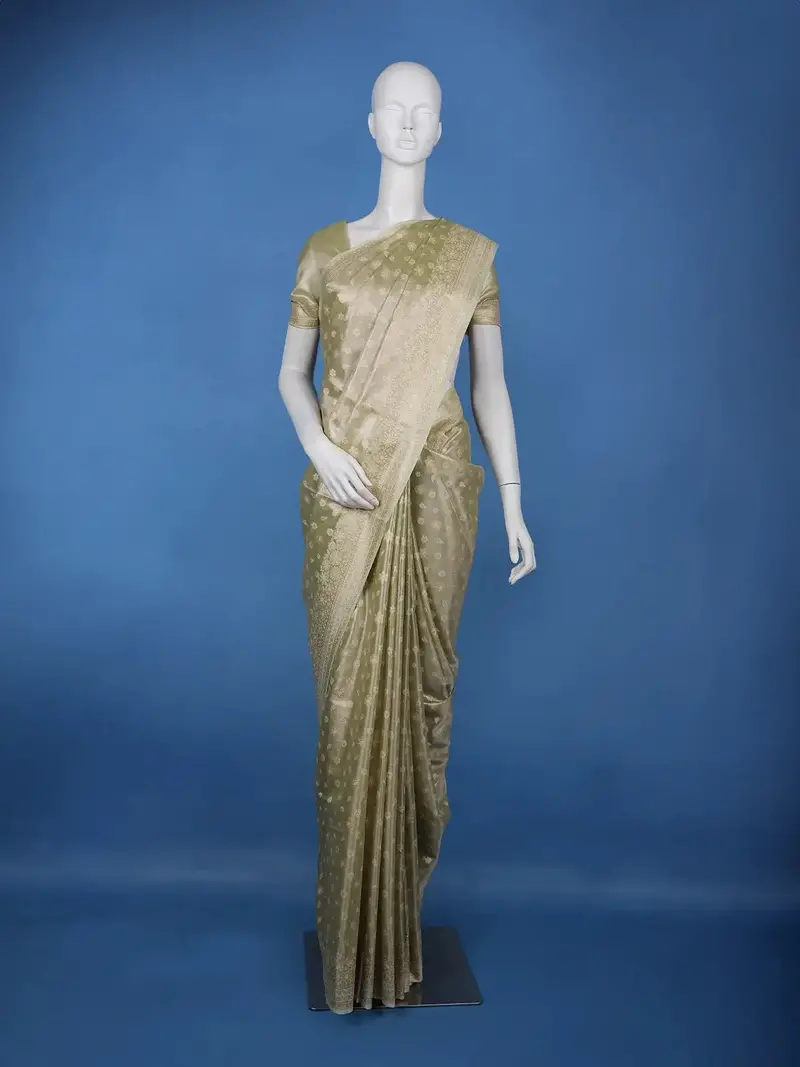 Sage Green Floral Brocade Design Semi Tissue Saree 1