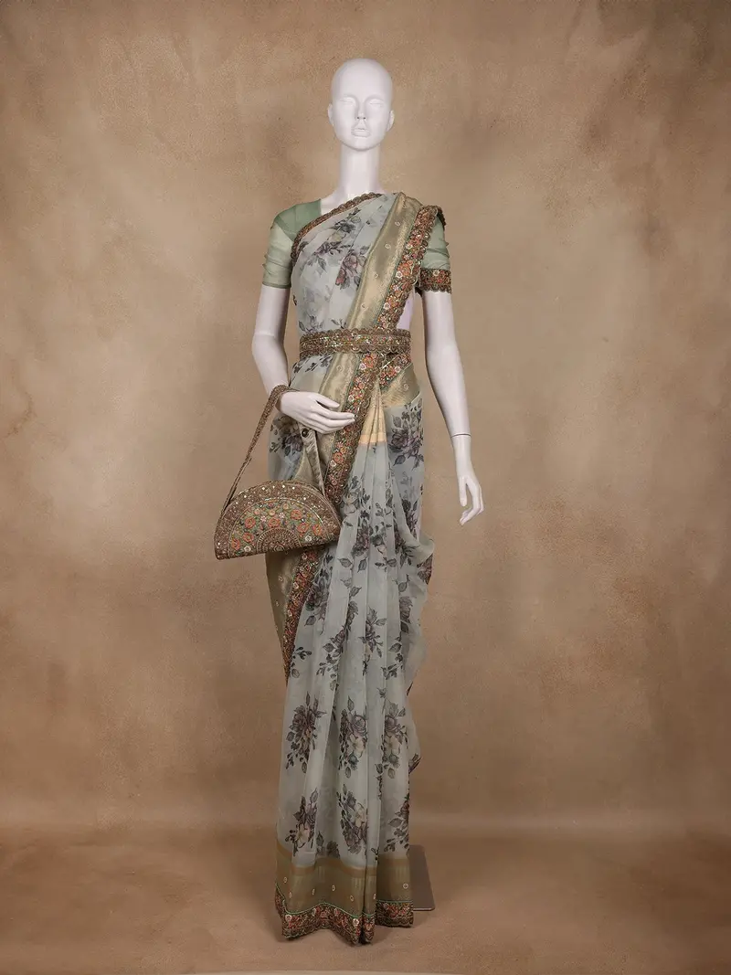Sage Green Floral Design Organza Saree With Embellished Border And Contrast Pallu 1