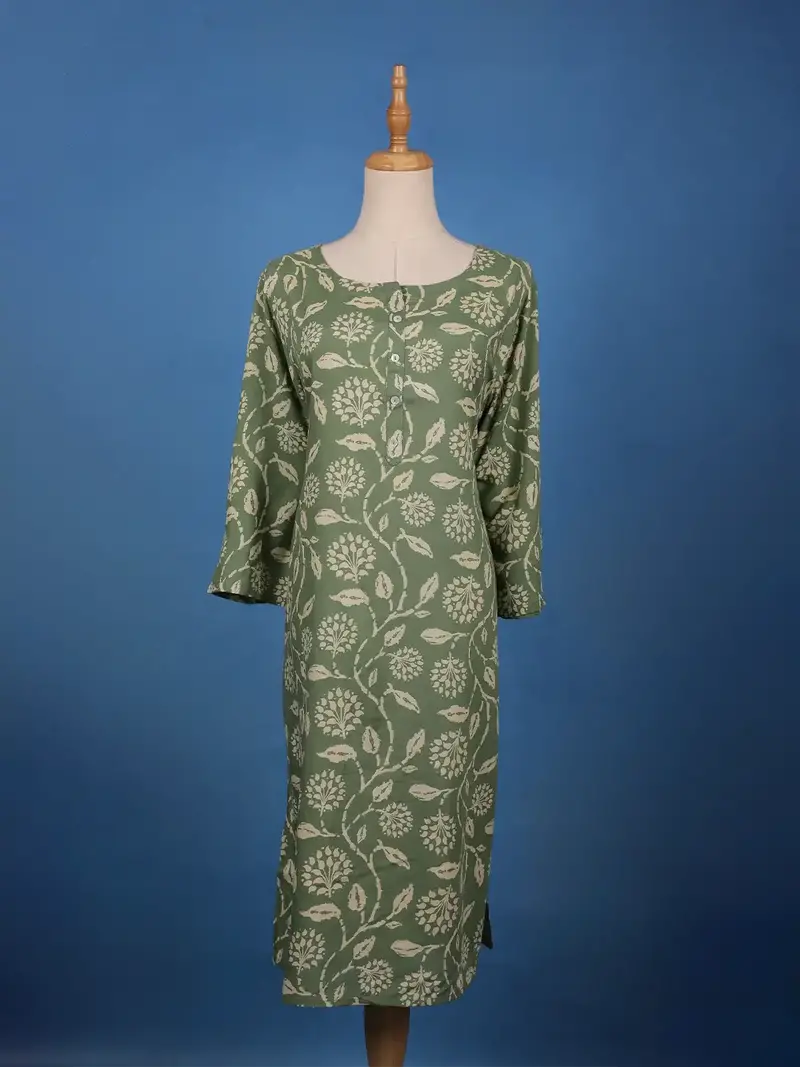 Sage Green Floral Design Printed Cotton Kurti 1