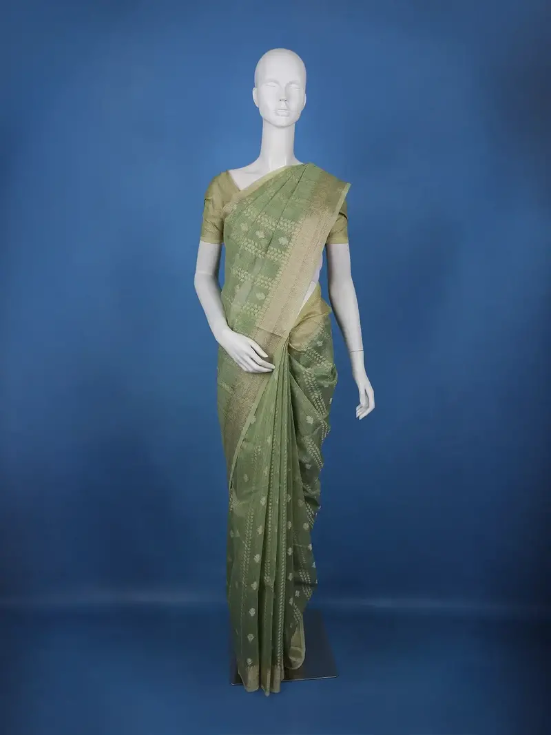 Sage Green Floral Design Semi Tissue Saree 1