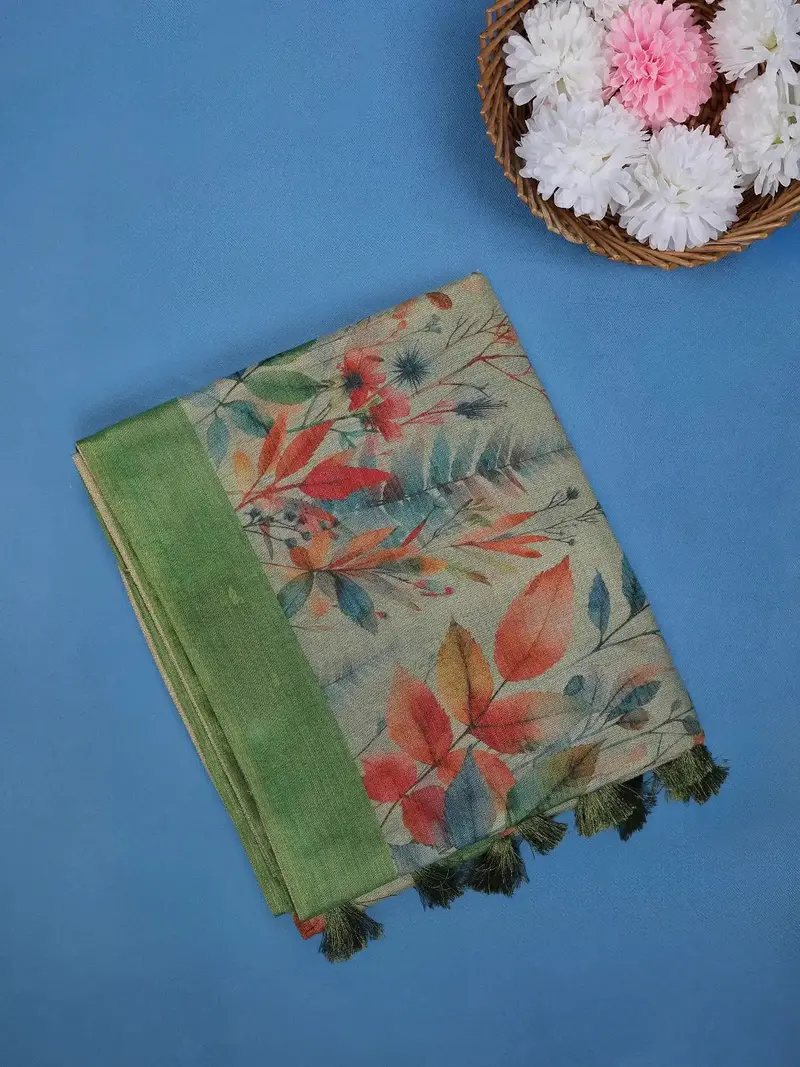 Sage Green Floral Design Semi Tissue Saree 1