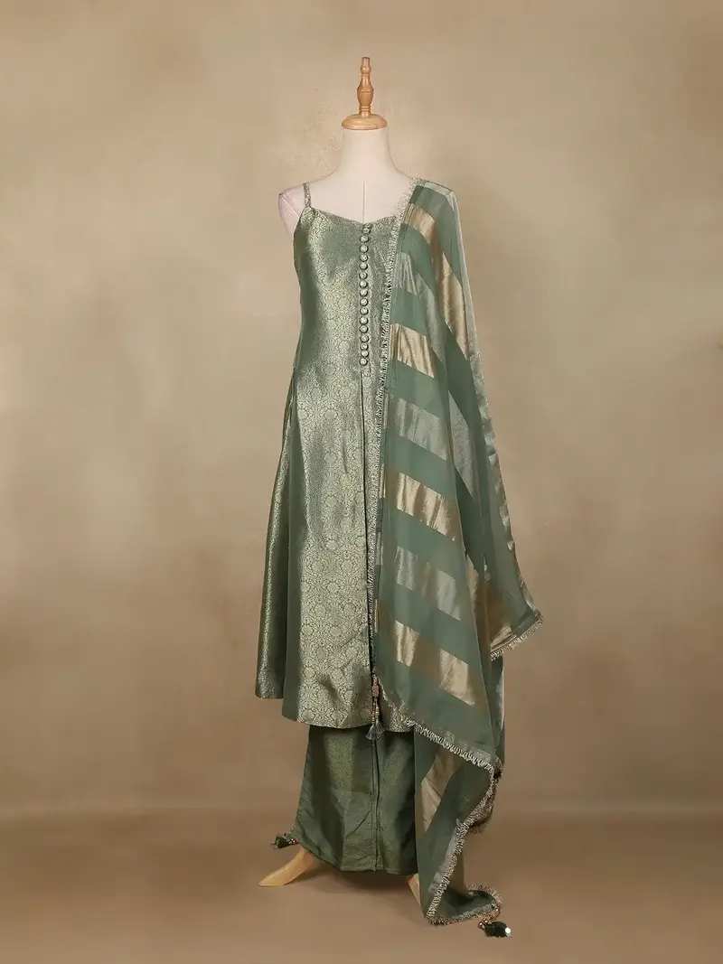 Sage Green Floral Design Silk Salwar Suit 1