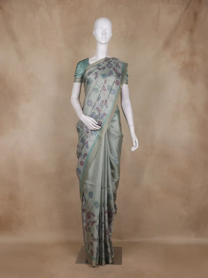 Sage Green Floral Design Tissue Silk Saree With Zari Border 1