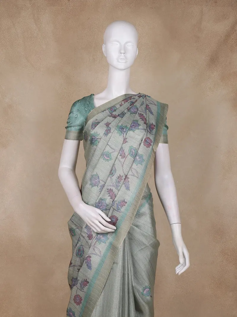 Sage Green Floral Design Tissue Silk Saree With Zari Border 2