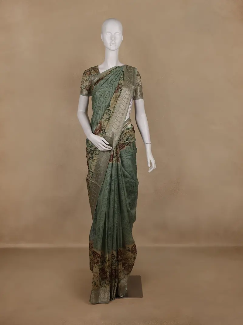 Sage Green Floral Design Tussar Silk Saree 1
