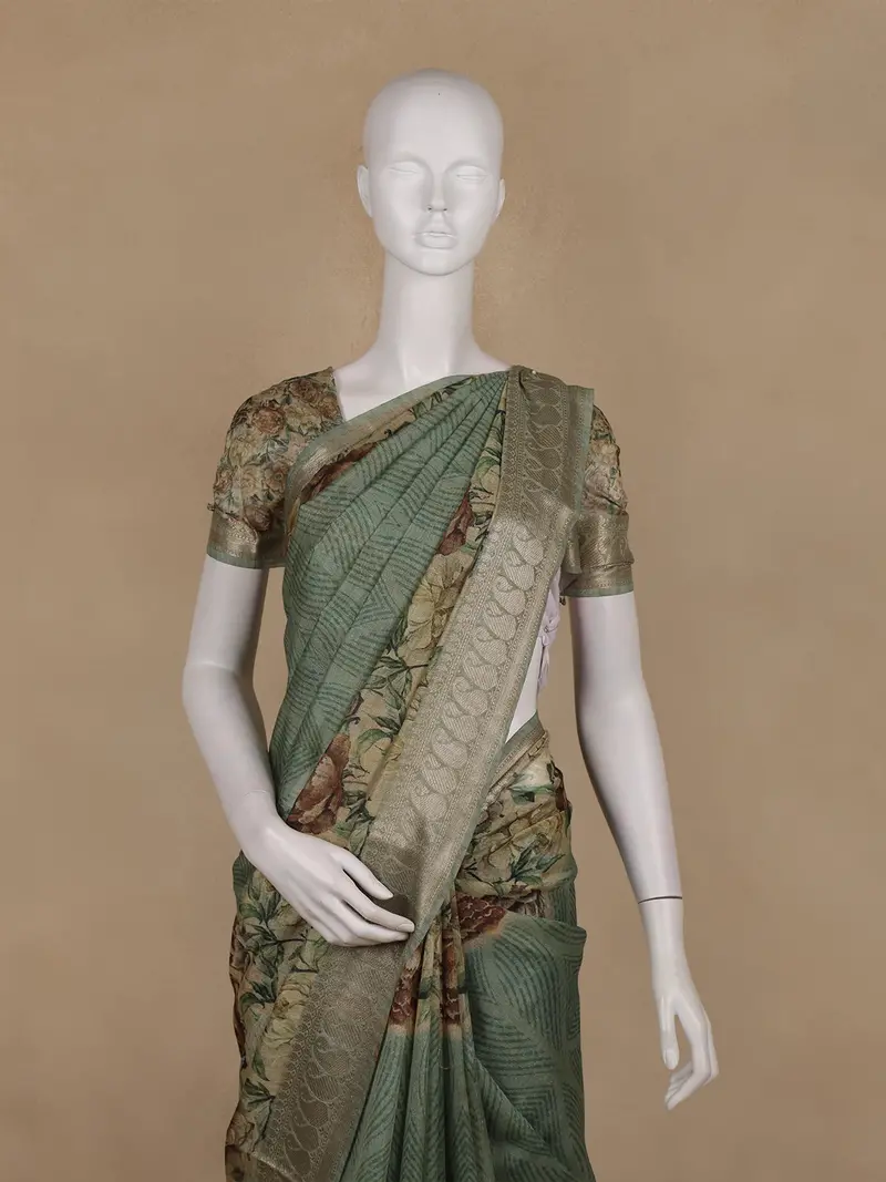 Sage Green Floral Design Tussar Silk Saree 2