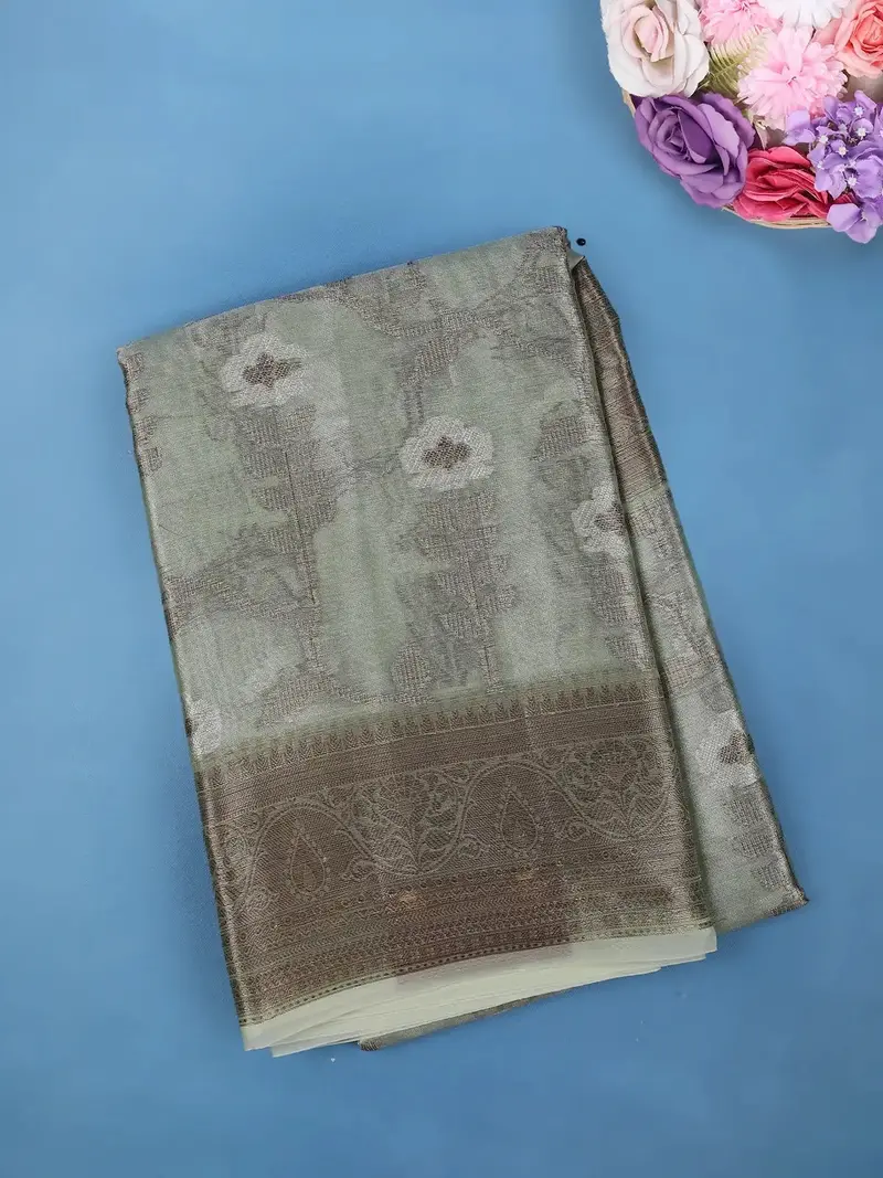 Sage Green Floral Design Woven Tissue Silk Saree 1