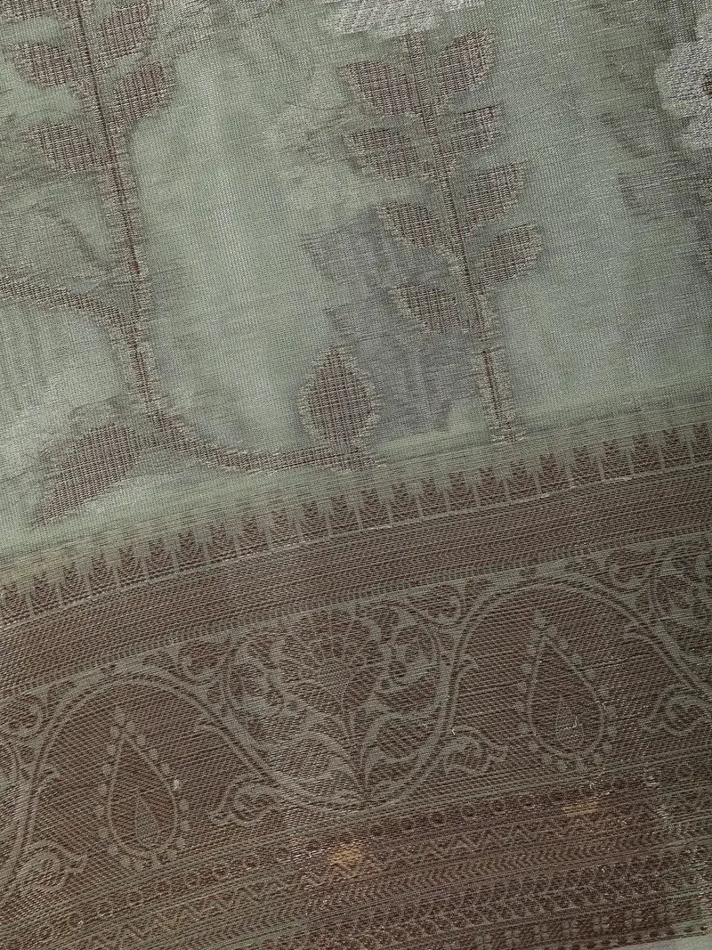 Sage Green Floral Design Woven Tissue Silk Saree 2