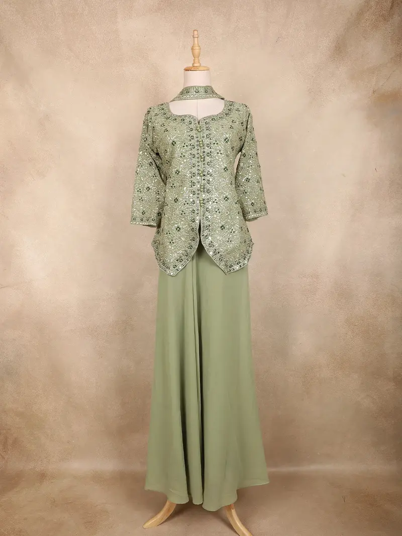 Sage Green Floral Embroidered Georgette Peplum Palazzo Suit With Choker Dupatta 1