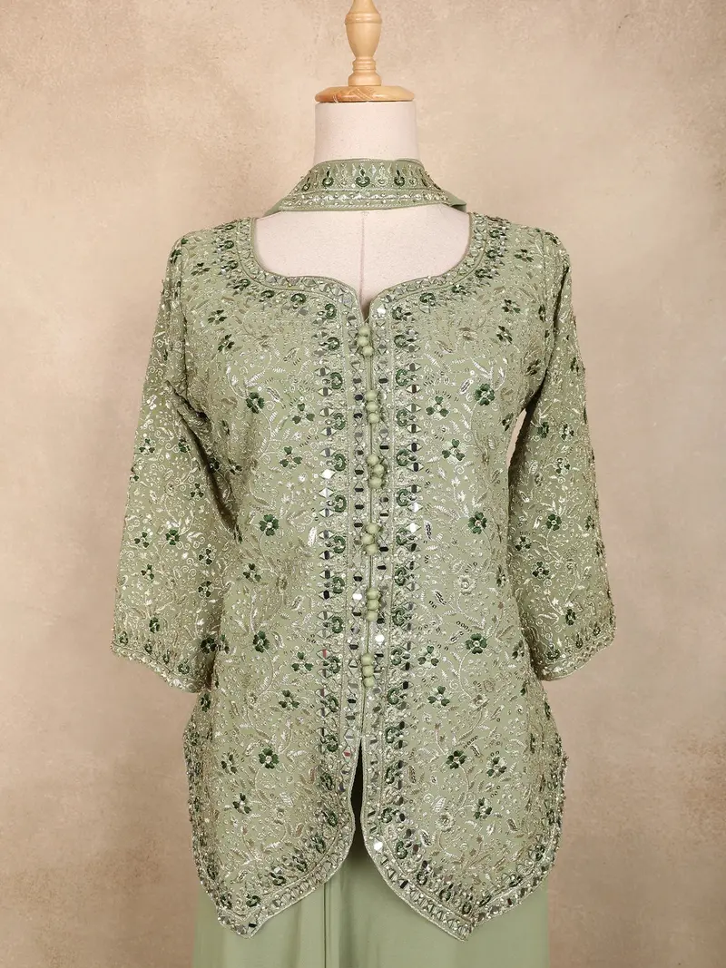 Sage Green Floral Embroidered Georgette Peplum Palazzo Suit With Choker Dupatta 2