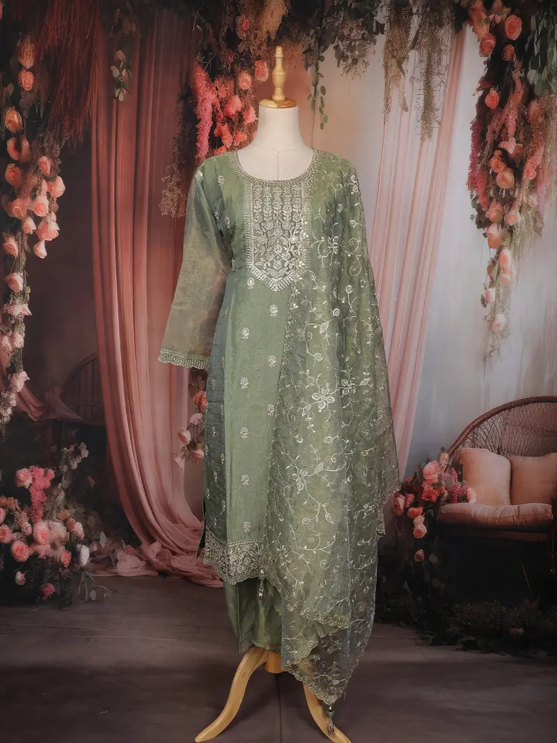 Sage Green Floral Embroidered Tissue Silk Straight Cut Salwar Suit With Dupatta 1