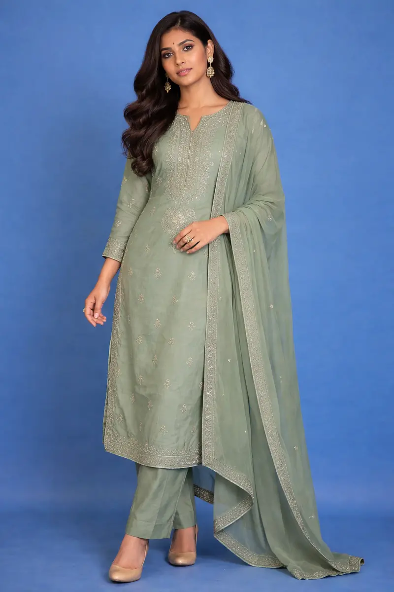Sage Green Floral Embroidery Raw Silk Salwar Suit 1