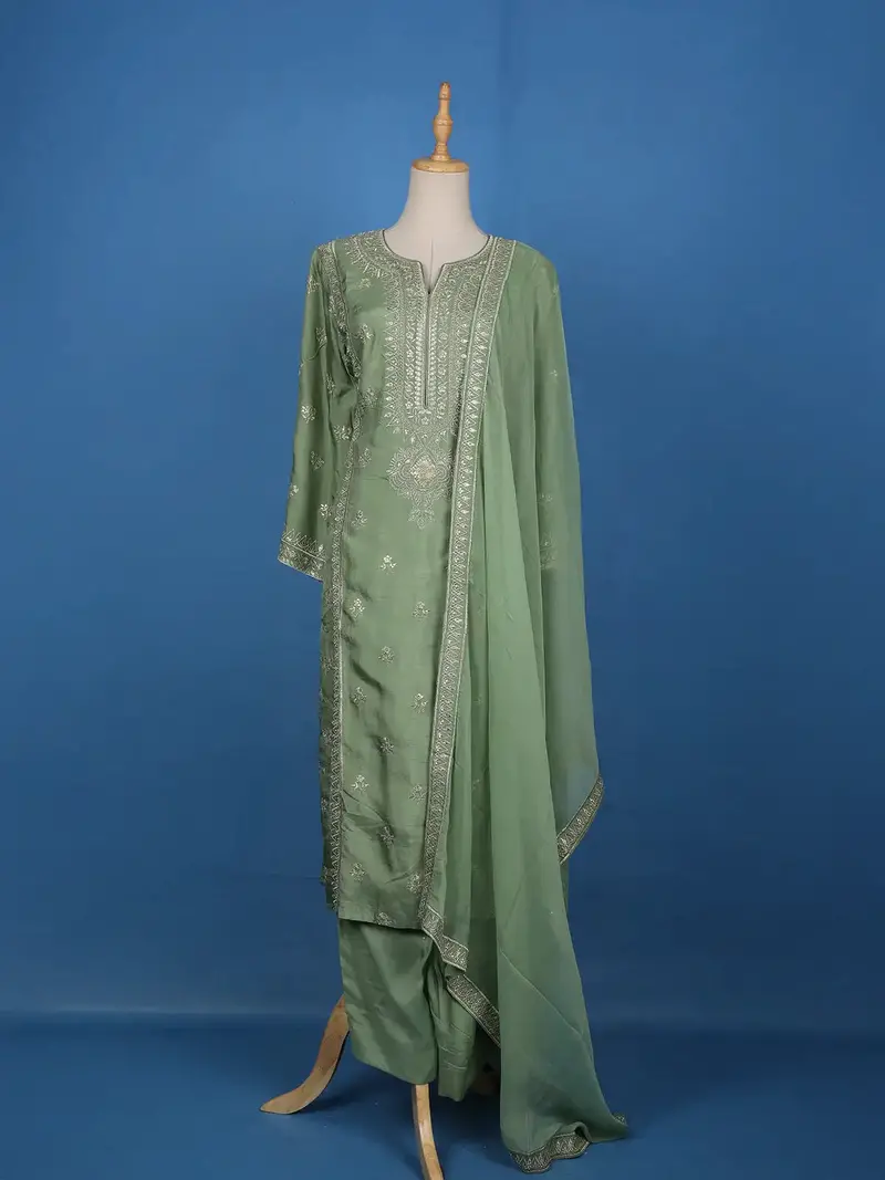Sage Green Floral Embroidery Raw Silk Salwar Suit 2