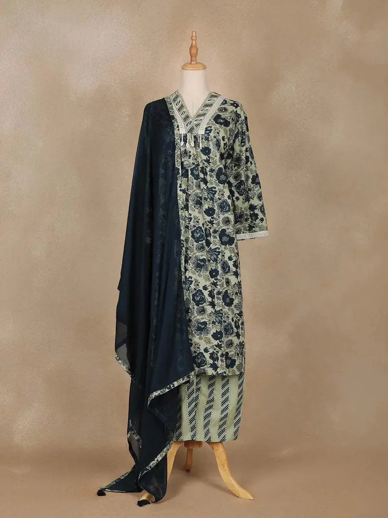 Sage Green Floral Printed Cotton Salwar Suit 1